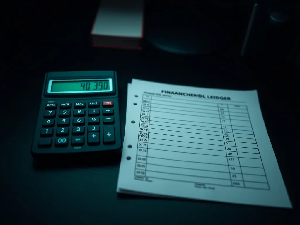 A high-contrast macro photo of a financial ledger and a calc