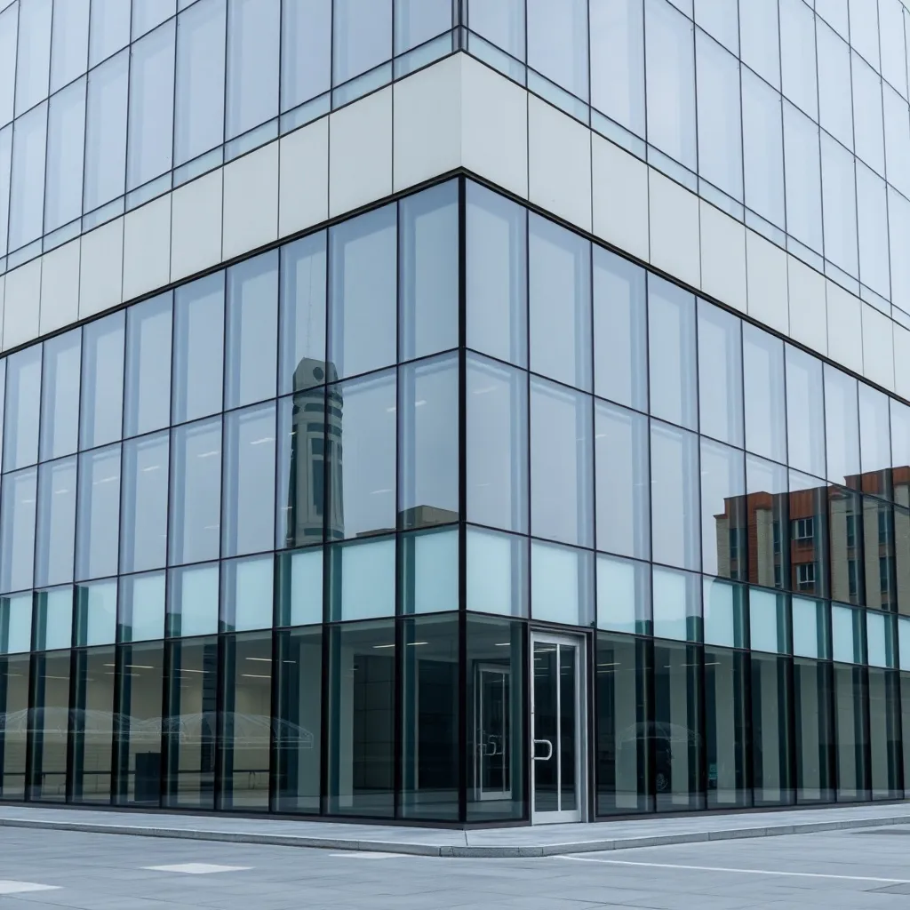 Modern minimalist corporate office building exterior with gl