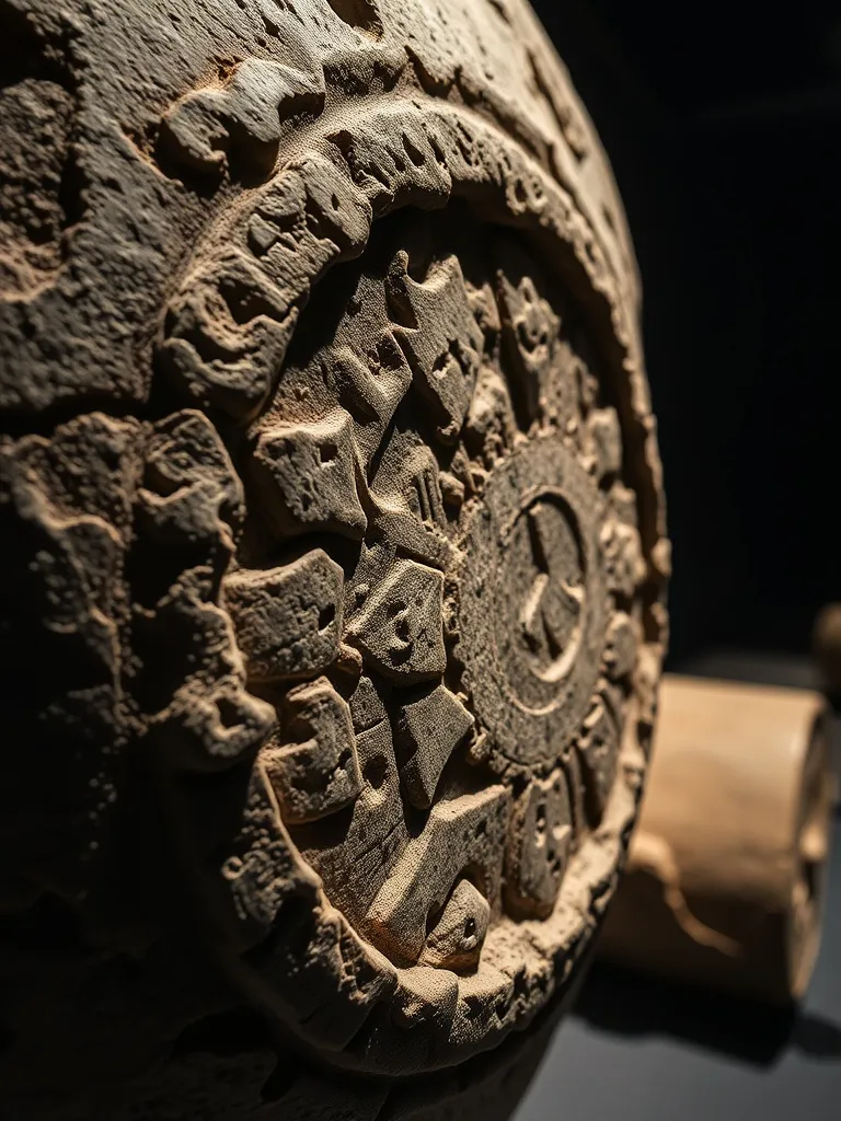 Close up of a museum artifact, stone texture, dramatic spotl