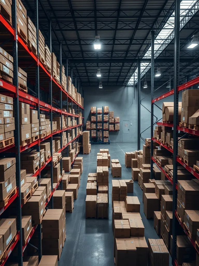 Industrial warehouse with organized inventory boxes, top vie