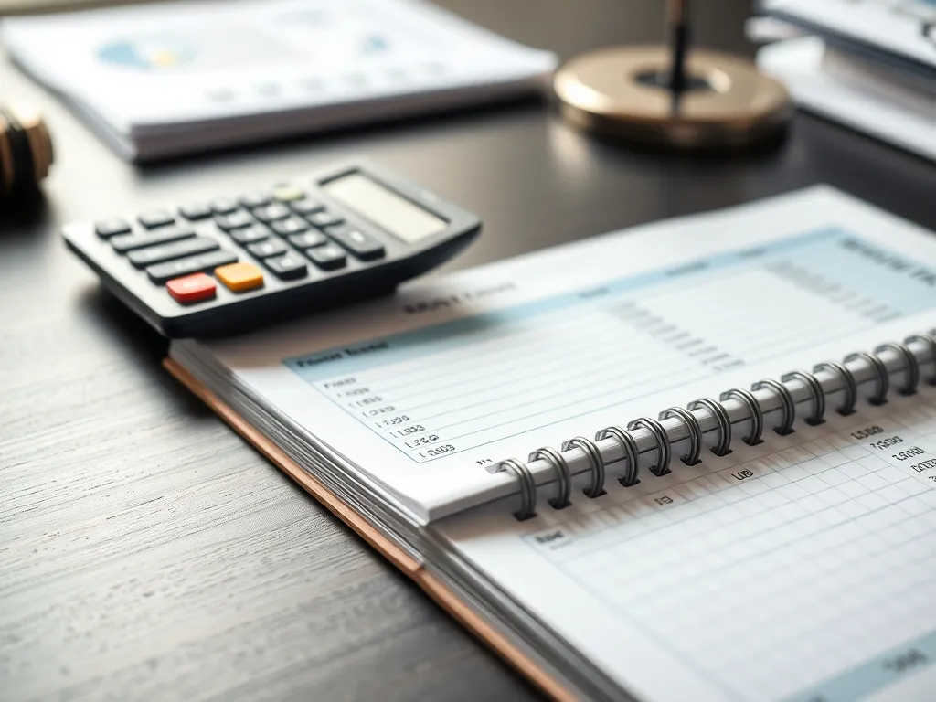 A close up of a financial ledger and a calculator on a dark