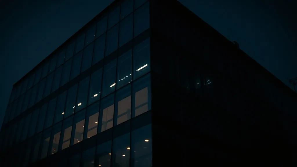 A high-contrast architectural photo of a modern office build